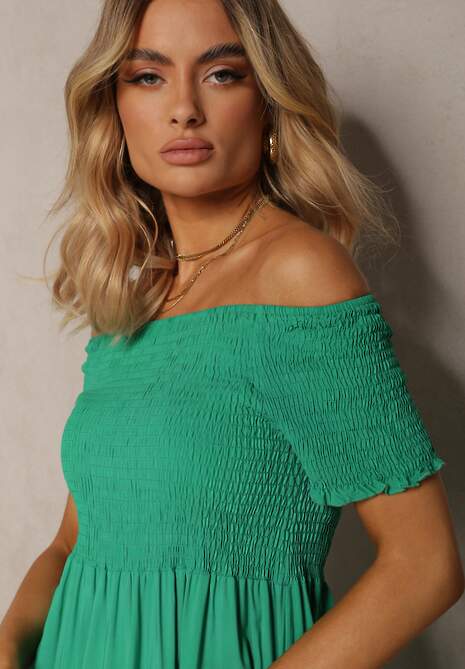 Zielona Sukienka Bawełniana z Rozkloszowanym Dołem i Hiszpańskim Dekoltem Barino