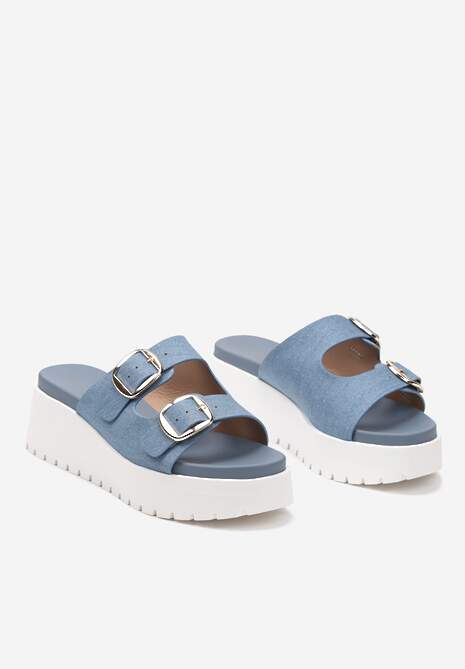 Niebieskie Klapki z Dwiema Sprzączkami na Koturnie i Niskiej Platformie Nrisa