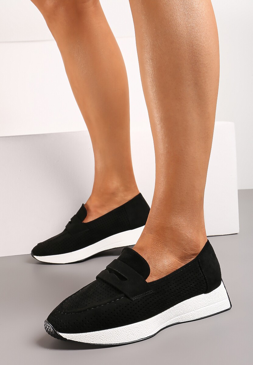 Czarne Ażurowe Półbuty Mokasyny na Niewysokiej Platformie Zuni