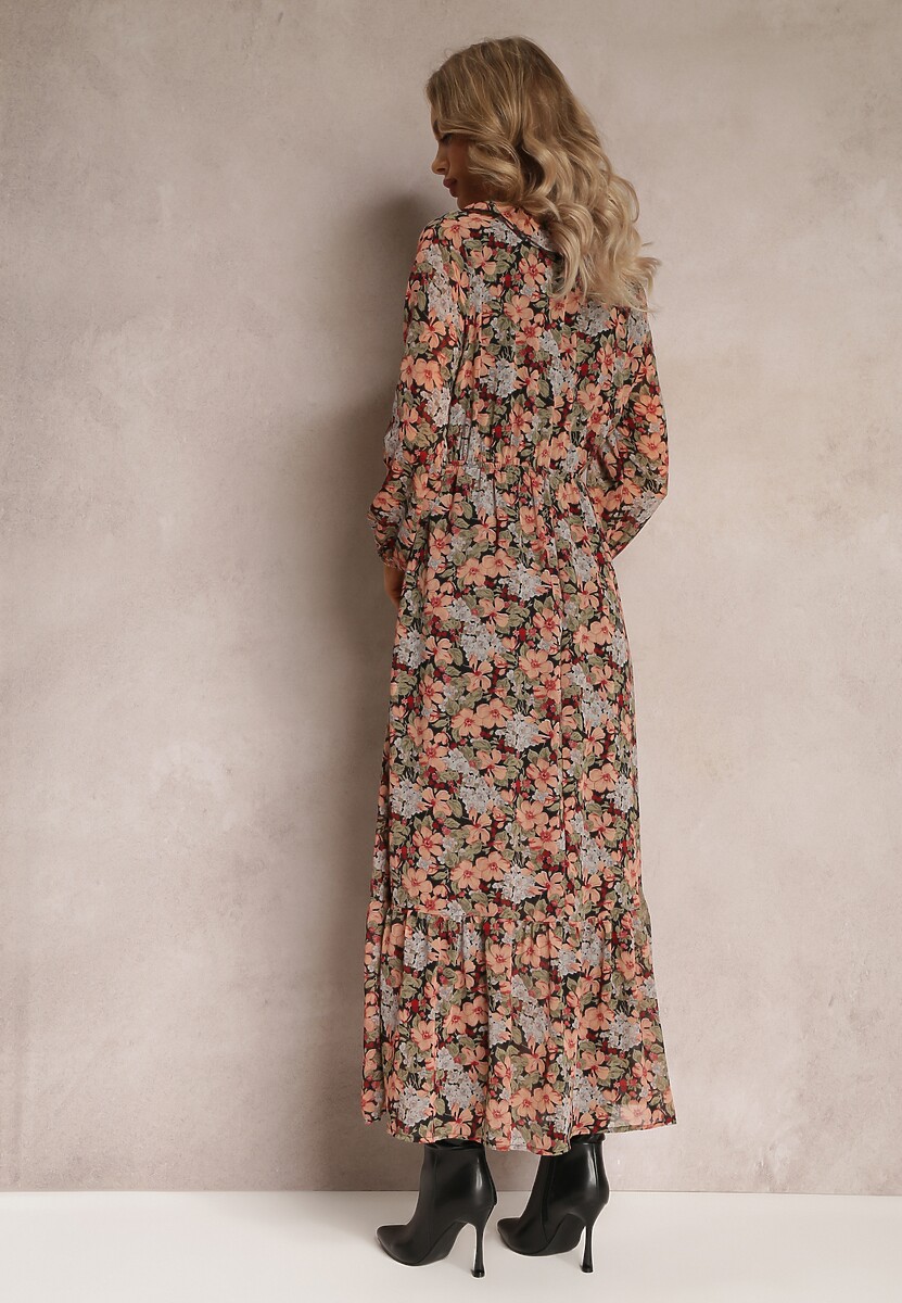 Czarno-Beżowa Sukienka Rozkloszowana w Kwiaty z Gumką w Pasie Bledareta