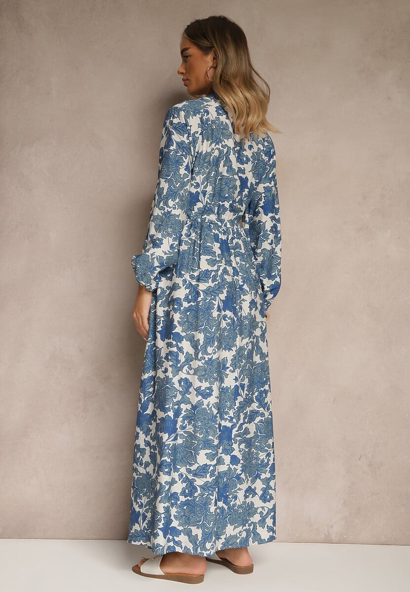 Niebieska Kwiecista Sukienka z Wiskozą o Rozkloszowanym Kroju Filennea