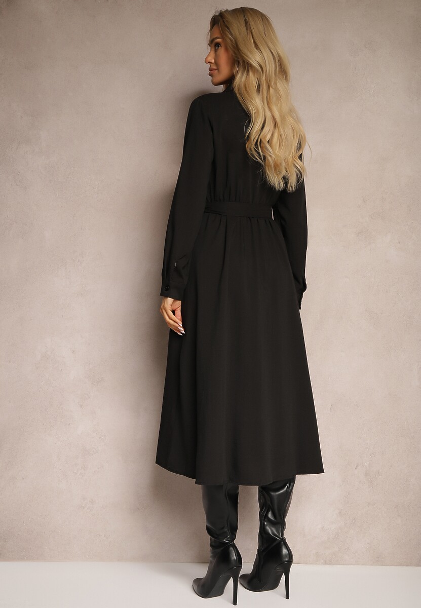 Czarna Koszulowa Sukienka Taliowana z Rozkloszowanym Dołem Nereira