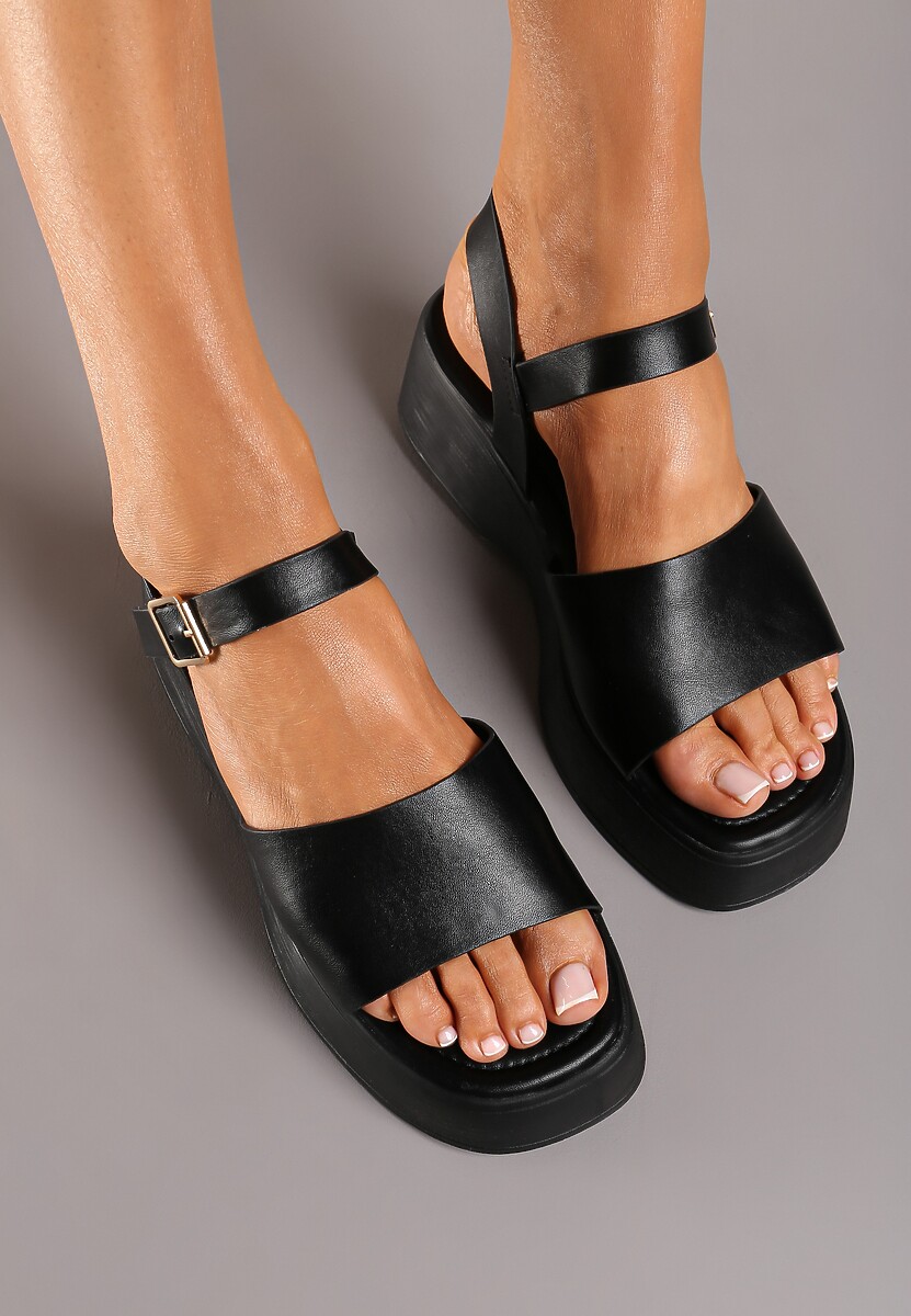 Czarne Casualowe Sandały na Platformie Zapinane przy Kostce Dimyara