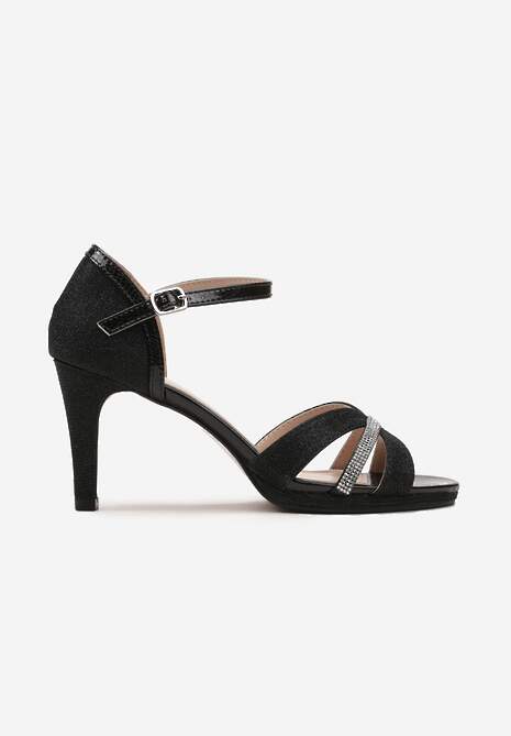 Czarne Eleganckie Sandały z Ekoskóry na Szpilce Ozdobione Cyrkoniami Aldenima