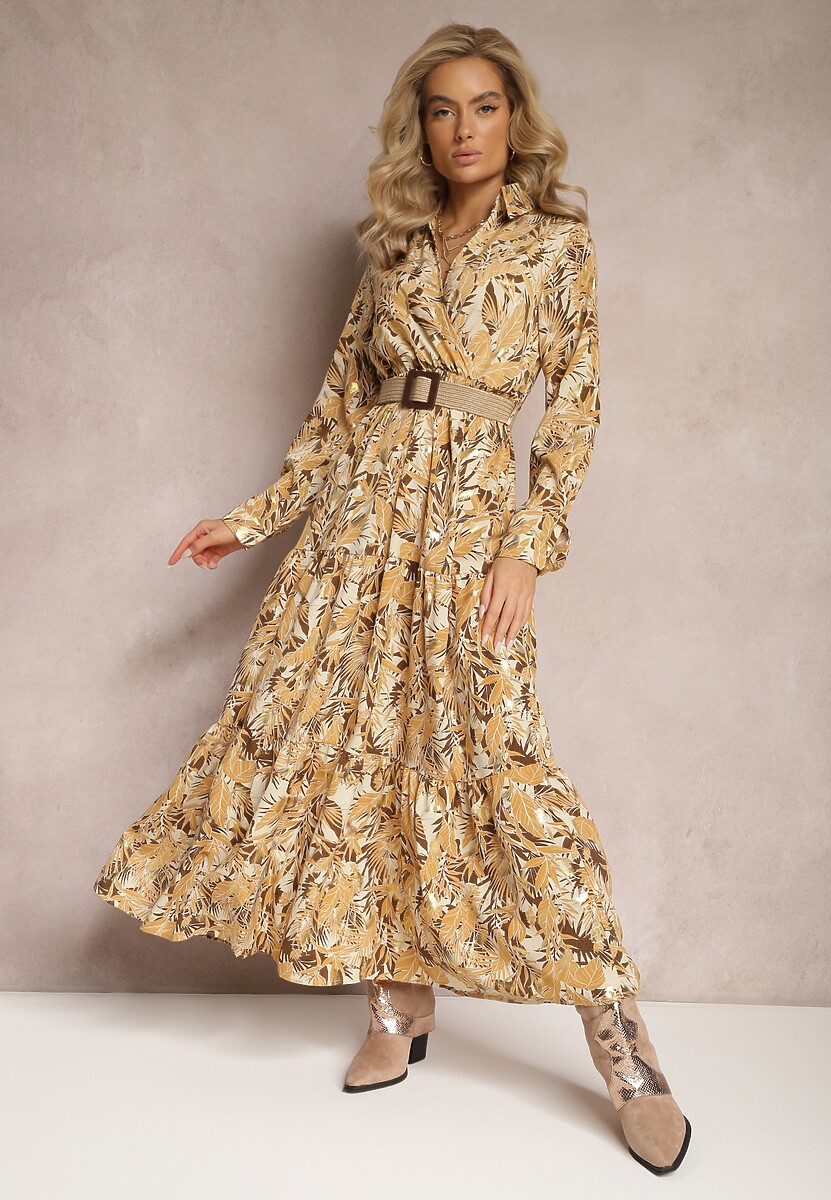 Jasnobeżowa Sukienka Maxi z Kołnierzykiem i Plecionym Paskiem Pertitus