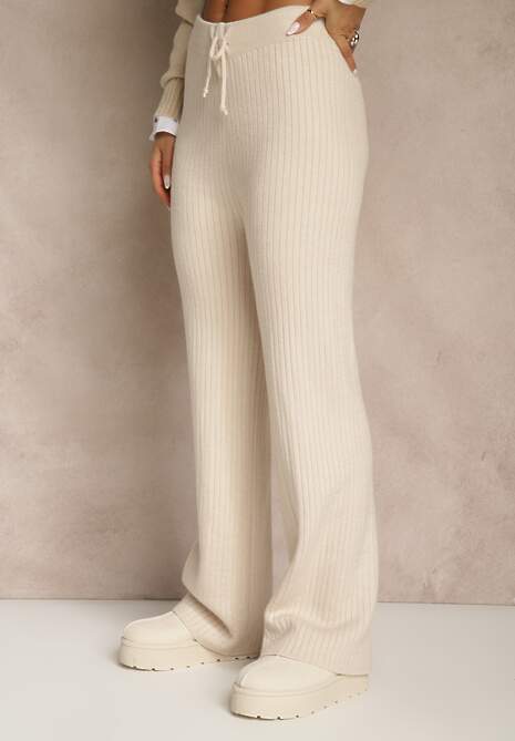 Jasnobeżowe Szerokie Spodnie z Wełną High Waist z Prążkowanego Materiału Reinna