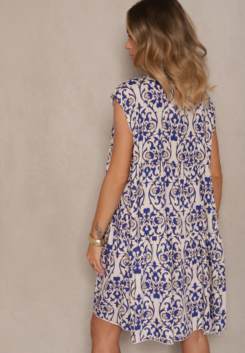 Niebieska Rozkloszowana Sukienka z Bawełny z Falbanką  Livalia