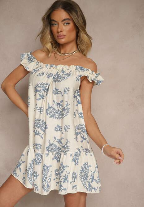 Niebieska Sukienka z Wiskozą Ozdobiona Falbanką Ellitne