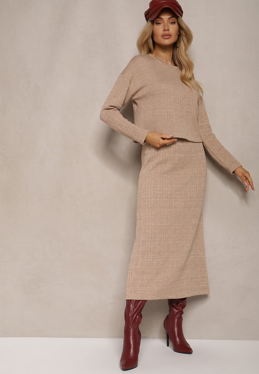 Ciemnobeżowy Dzianinowy Komplet z Wiskozą Bluzka i Spódnica Ozdobiona Rozcięciem Ilirina