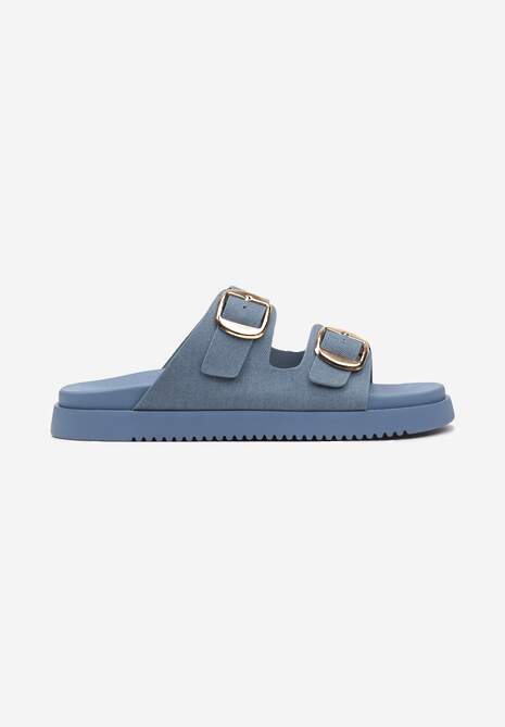 Niebieskie Klapki na Płaskiej Podeszwie z Szerokimi Paskami i Klamrami Risao