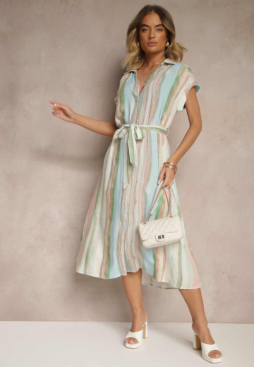 Niebiesko-Beżowa Wiskozowa Sukienka Koszulowa z Wiązanym Paskiem Iffema