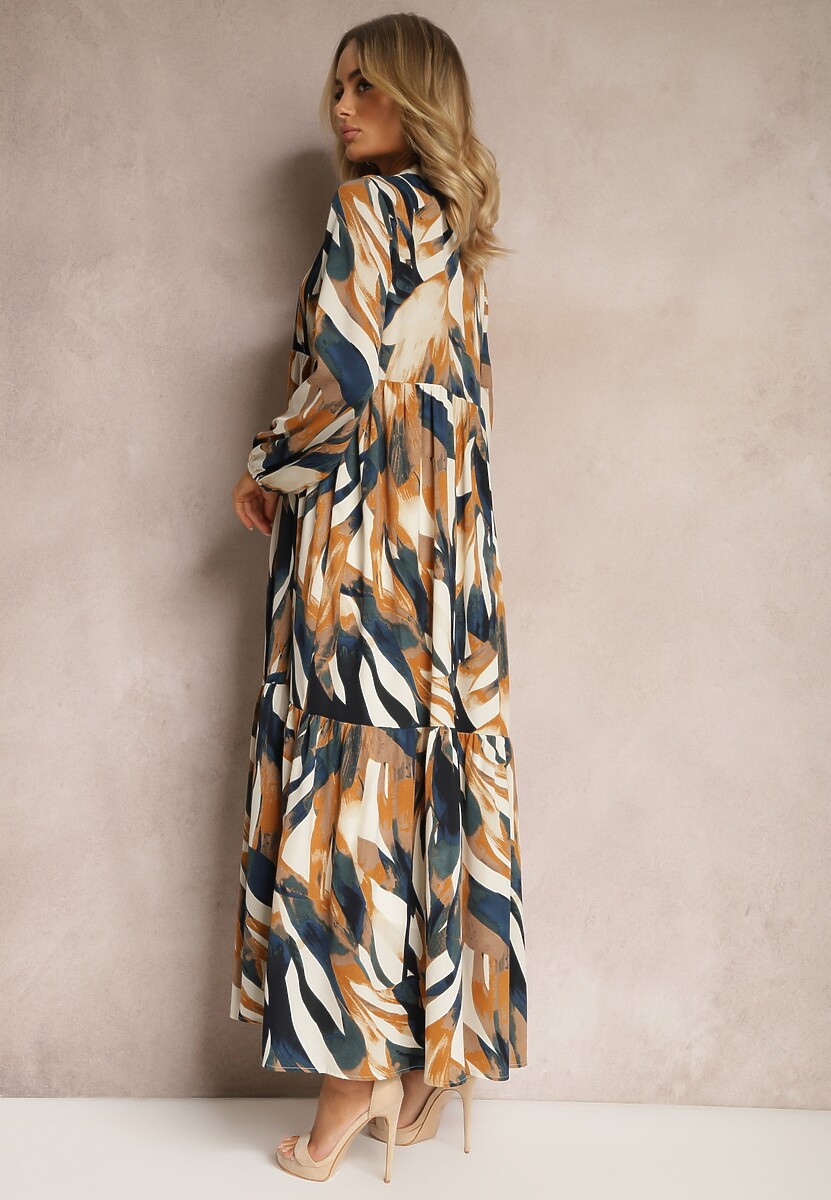 Beżowo-Zielona Rozkloszowana Sukienka o Koszulowym Fasonie w Abstrakcyjny Print Asequa