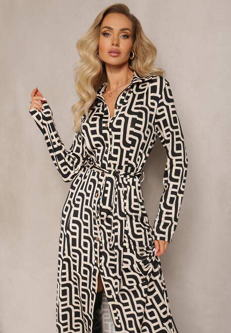 Beżowo-Czarna Koszulowa Sukienka Maxi w Geometryczny Print Gelismi