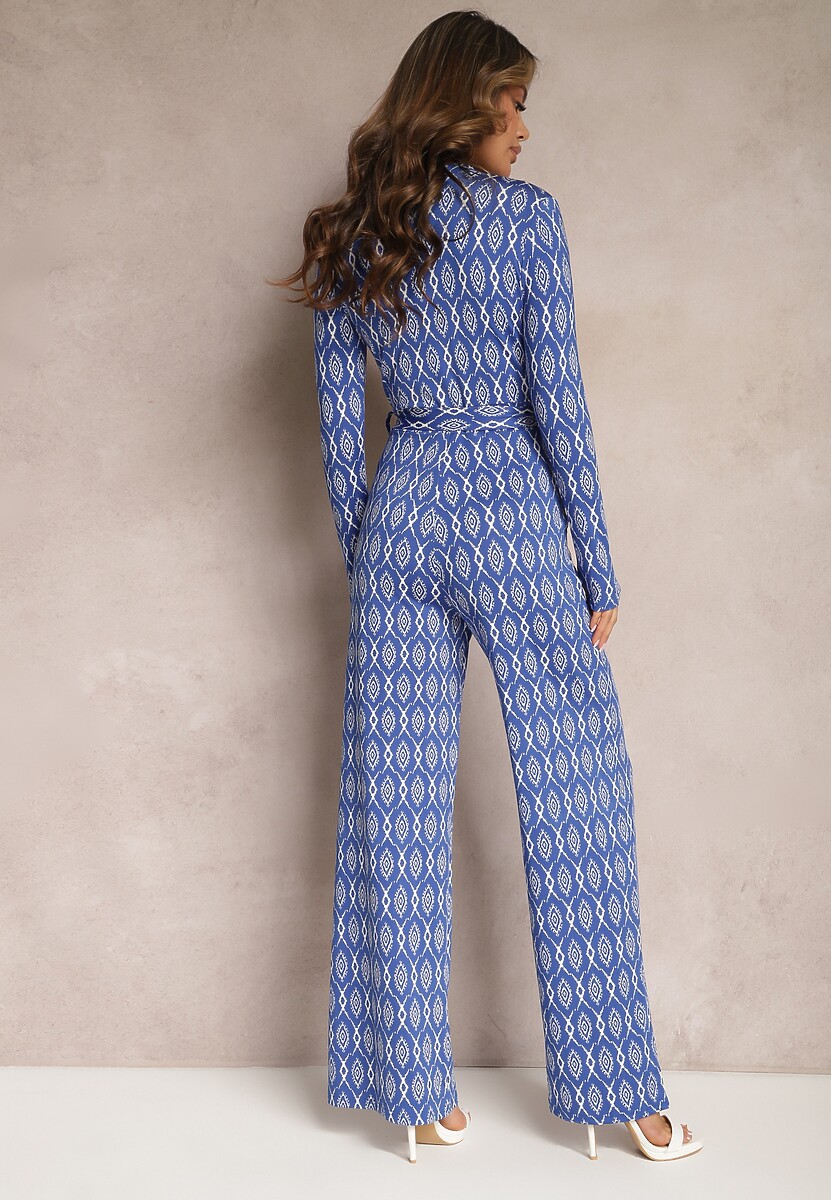 Granatowy Taliowany Kombinezon z Szerokimi Nogawkami i Wiązanym Paskiem Acaelia