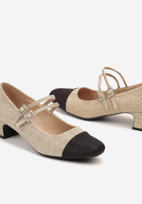 Złote Brokatowe Czółenka na Słupku z Paskami i Sprzączkami Navsia