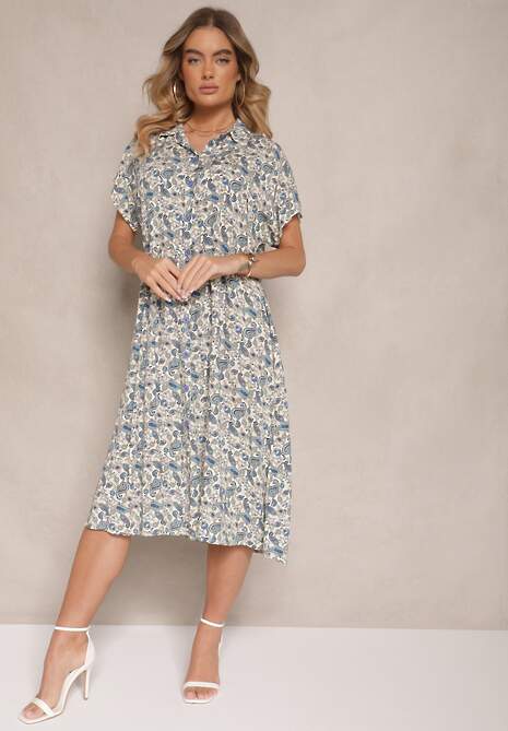 Niebieska Sukienka z Bawełny w Print Paisley o Koszulowym Kroju Celluria