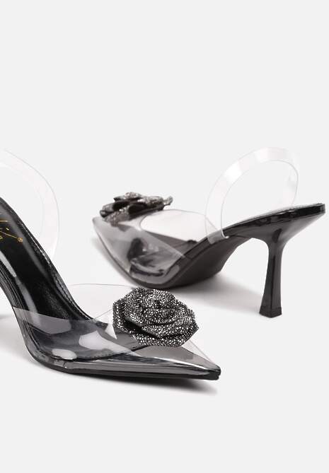 Czarne Czółenka na Szpilce z Transparentnymi Wstawkami i Ozdobnym Kwiatem z Cyrkoniami Arsisna