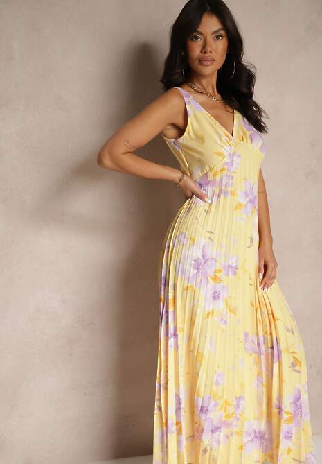 Żółta Plisowana Sukienka o Rozkloszowanym Fasonie na Szerokich Ramiączkach Nitanela