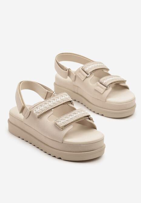 Beżowe Sandały na Niskiej Platformie z Zapięciem na Rzep Zdobione Haftem Soreze