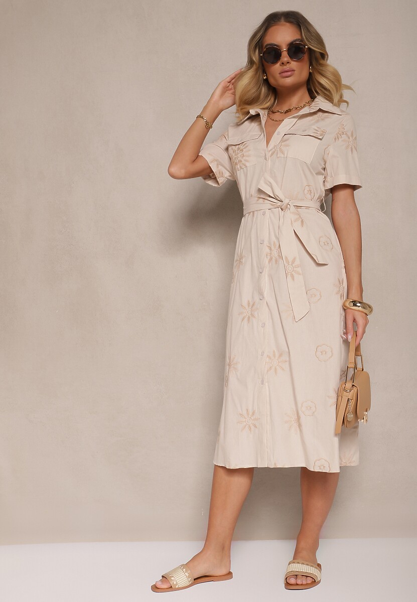 Beżowa Wiskozowa Sukienka Koszulowa Ozdobiona Paskiem i Haftem Divaloria