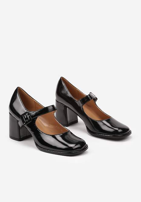Czarne Lakierowane Półbuty na Słupkowym Obcasie z Paskiem z Klamerką Lemida