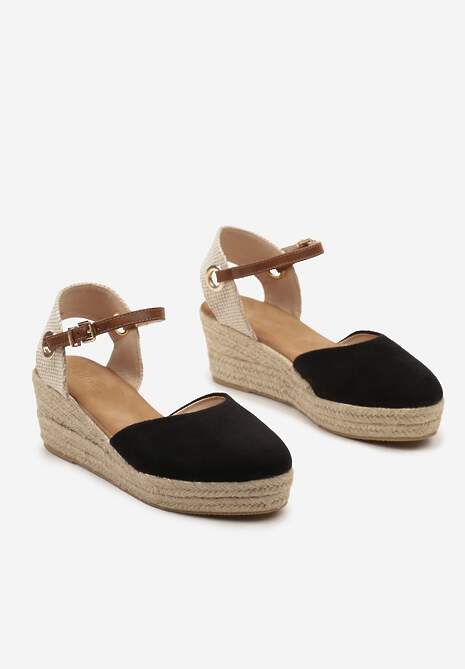 Czarne Sandały z Plecionką na Koturnie w Stylu Espadryli Effilania
