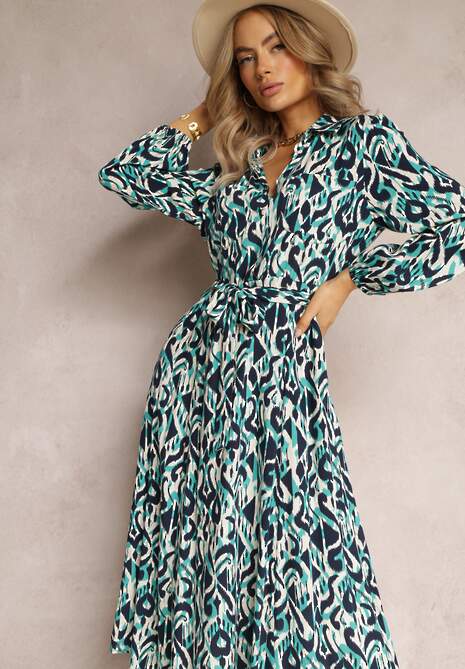 Niebieska Sukienka Koszulowa w Geometryczny Wzór Gena