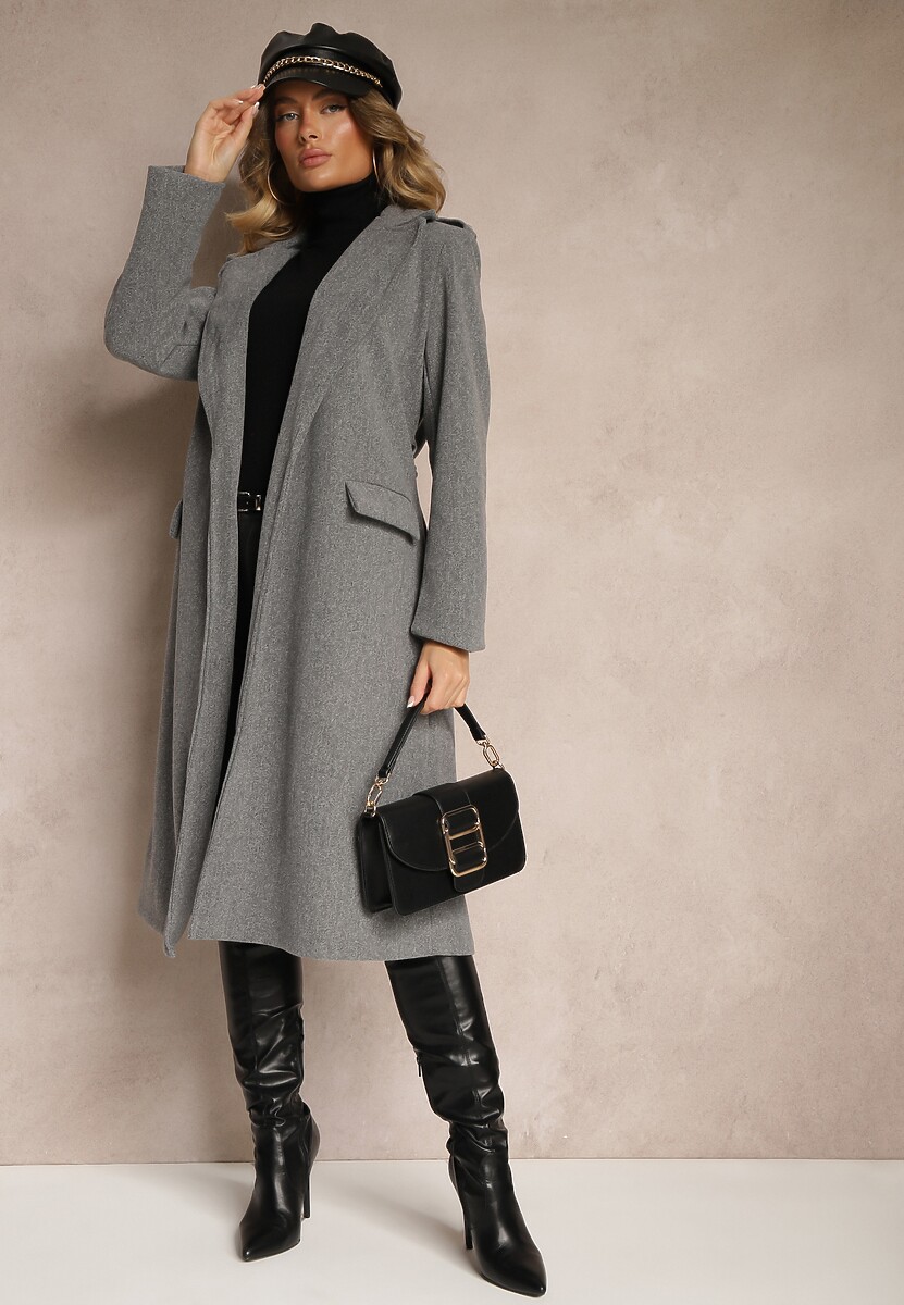 Ciemnoszary Taliowany Płaszcz z Wiązanym Paskiem Seraphique