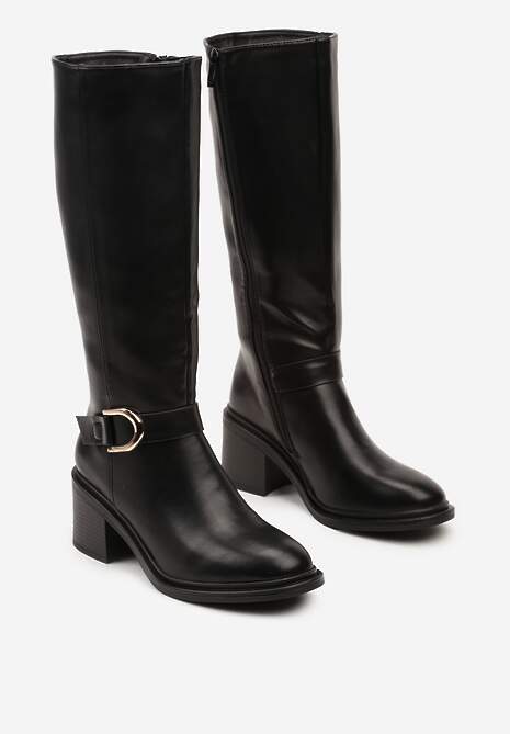 Czarne Kozaki na Słupku z Ozdobną Klamrą i Paskiem Miavirae