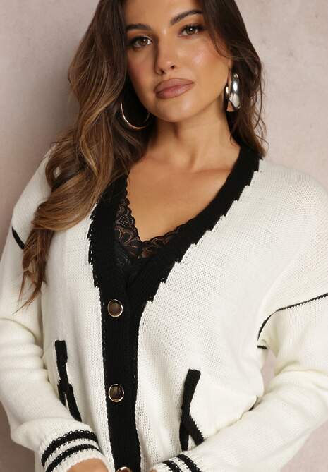 Biały Kardigan z Metalicznymi Guzikami i Ozdobnymi Lamówkami Abovza