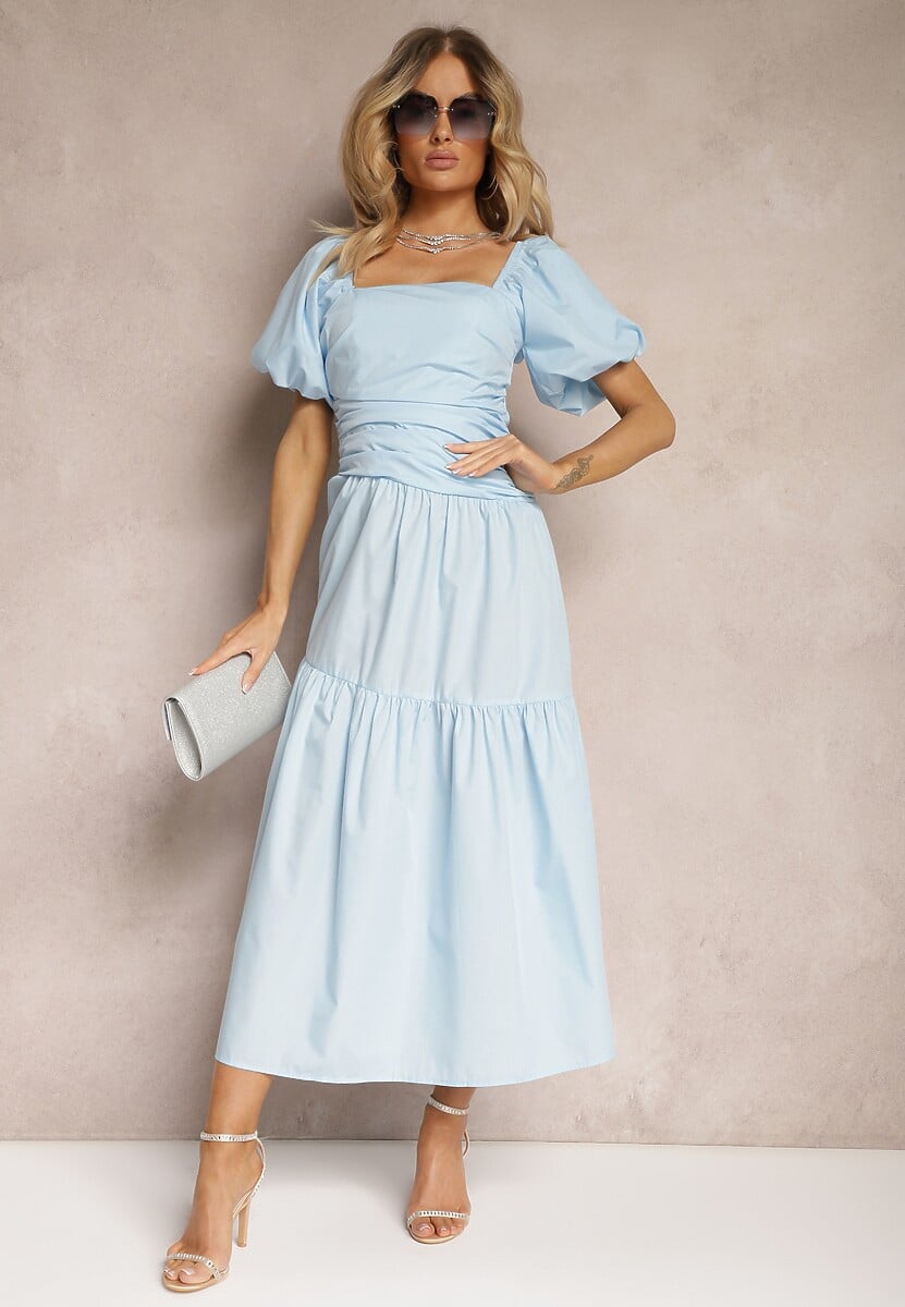 Niebieska Sukienka z Marszczeniem i Wiskozą Ozdobiona Bufiastymi Rękawami i Falbanką Monvia