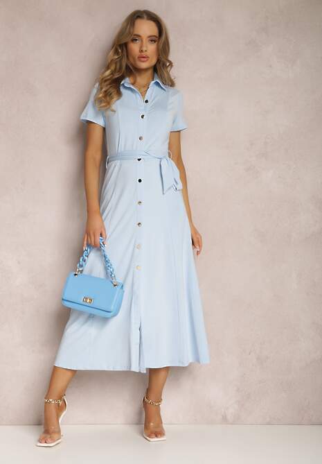 Jasnoniebieska Sukienka Koszulowa z Wiązanym Paskiem Asheila