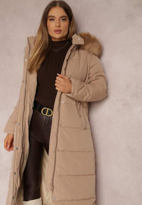 Ciemnobeżowa Kurtka Długa z Paskiem i Kapturem Pikowana Nilme