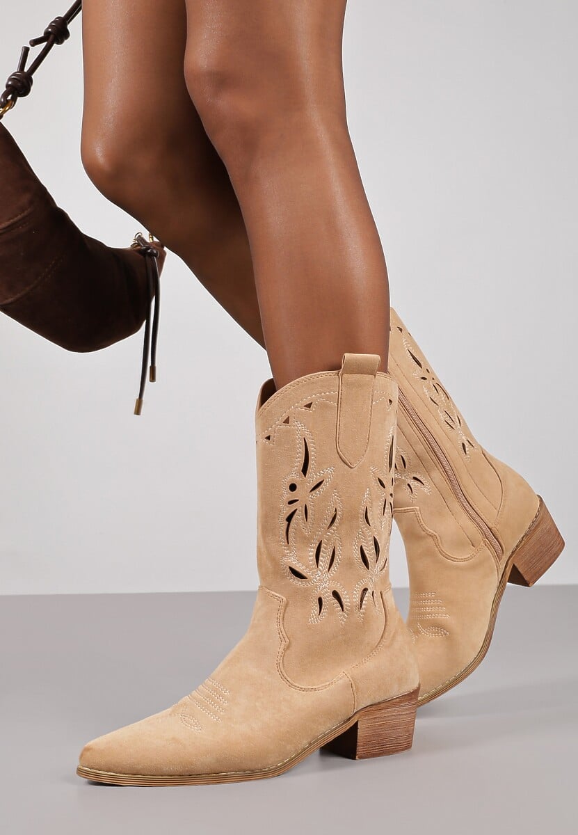 Ciemnobeżowe Botki Vices na Słupku Kowbojki z Ażurową Cholewką Rivori