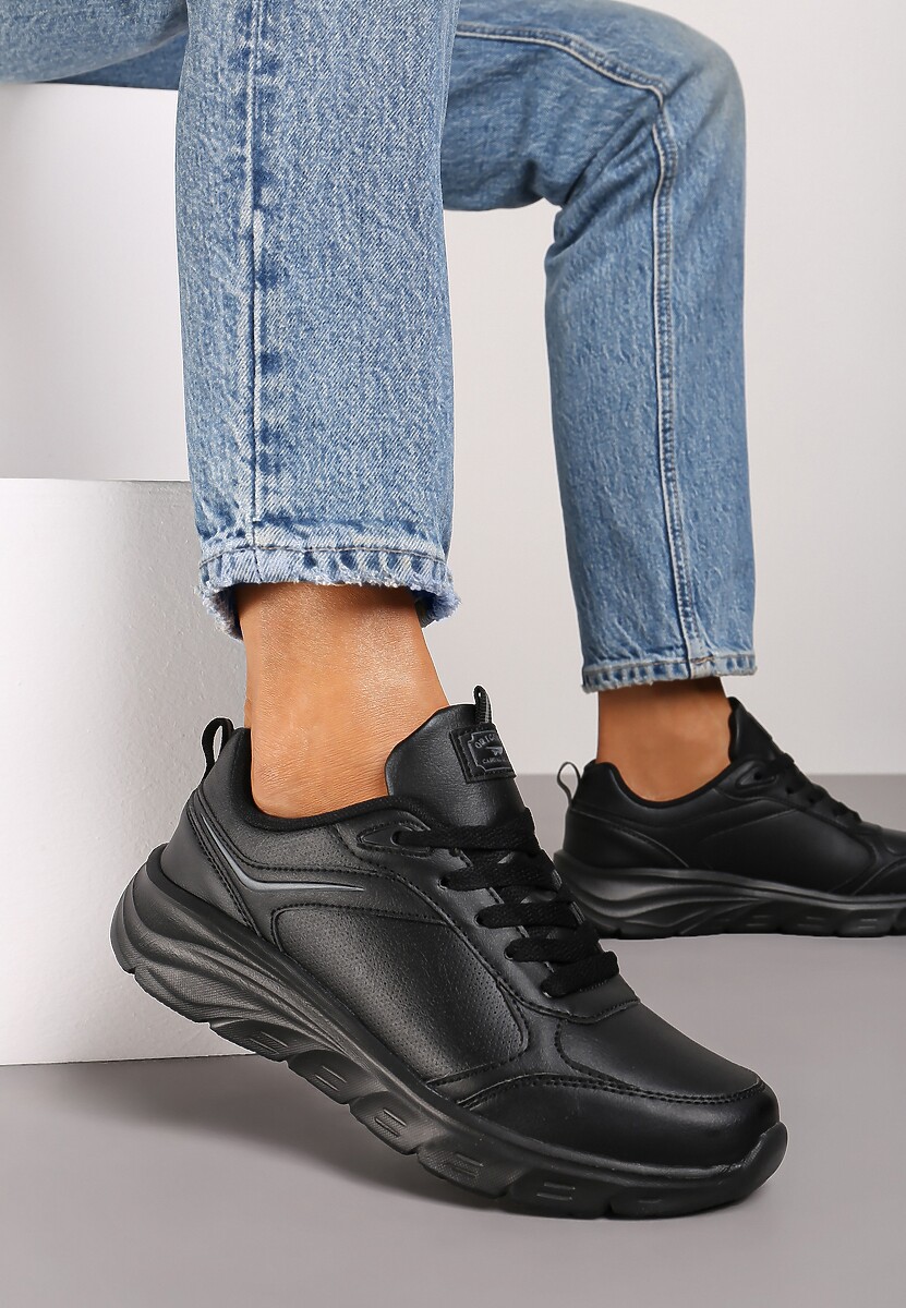 Czarne Casualowe Buty Sportowe Sneakersy na Płaskiej Tłoczonej Podeszwie Velanitta