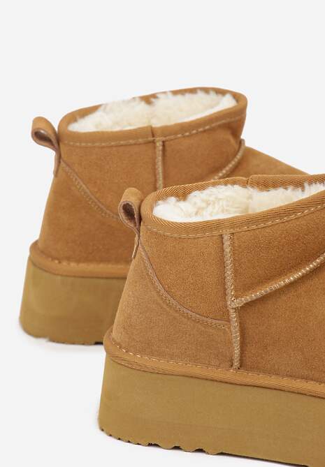 Jasnobrązowe Wsuwane Śniegowce z Zamszu Naturalnego na Grubej Podeszwie Mevilira