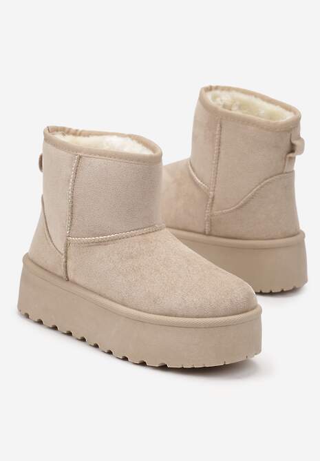 Beżowe Śniegowce za Kostkę na Platformie Ocieplane Futerkiem Divena