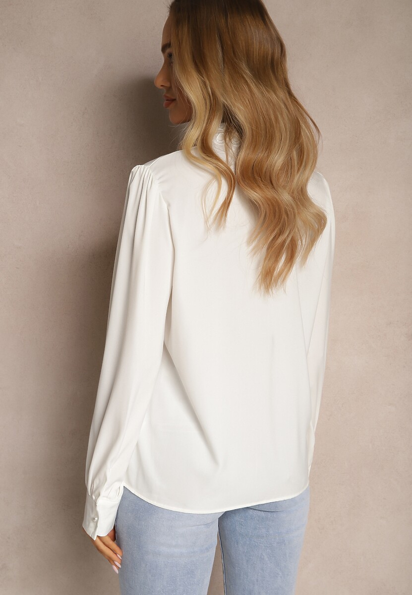 Biała Koszula z Bufiastymi Rękawami Kołnierzem z Perłami i Broszką Gonathiel