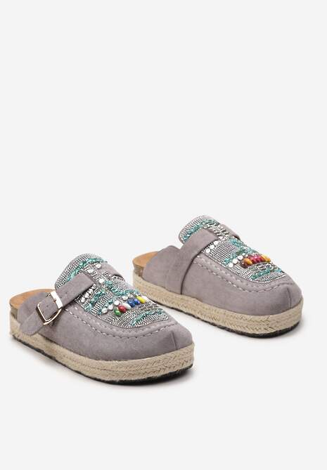 Szare Klapki Oplecione Jutą z Cyrkoniami z Koralikami i Paskiem Opaque
