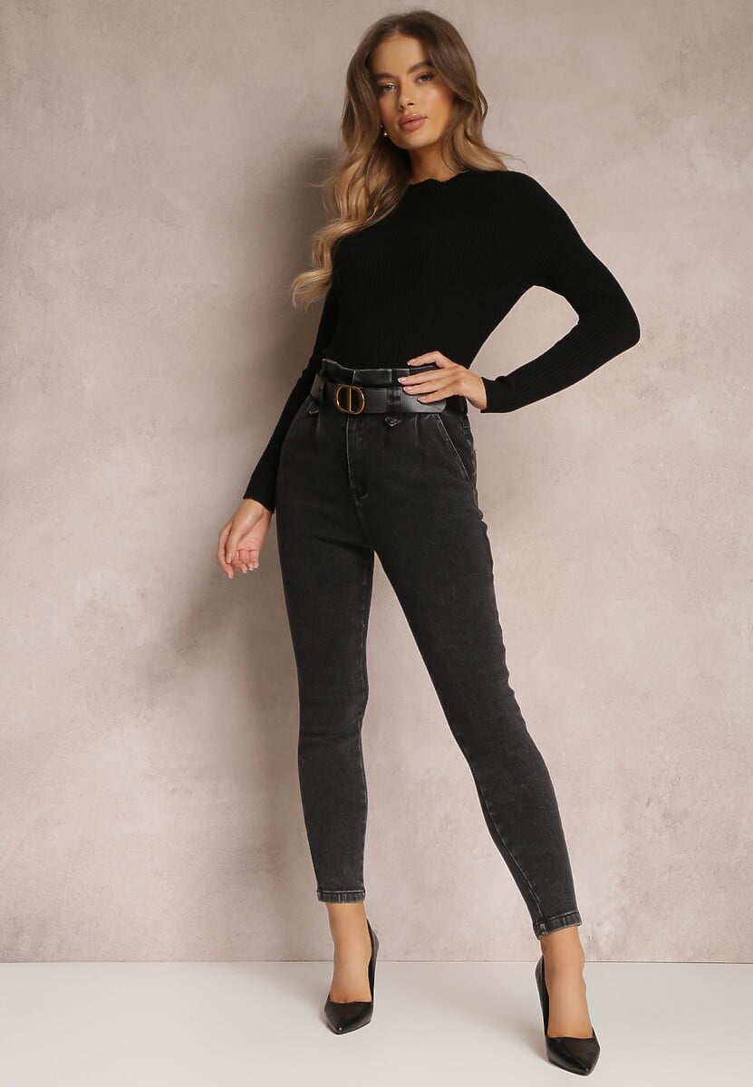 Czarne Jeansy Mom Fit z Paskiem Astera