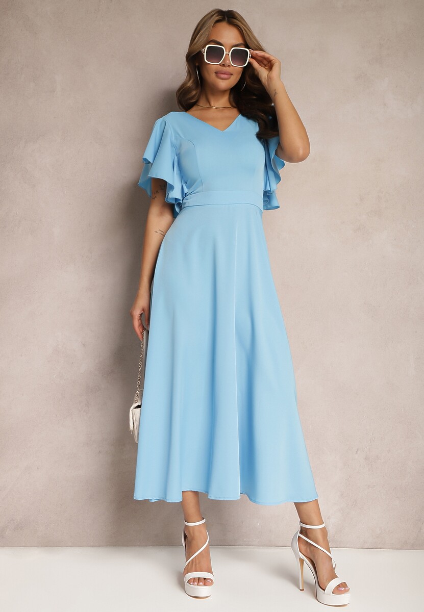 Niebieska Sukienka o Rozkloszowanym Kroju z Falbanami Bouchard