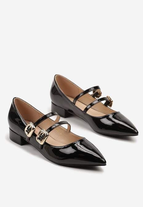 Czarne Lakierowane Czółenka z Paskami na Sprzączkę i Noskiem w Szpic Odane