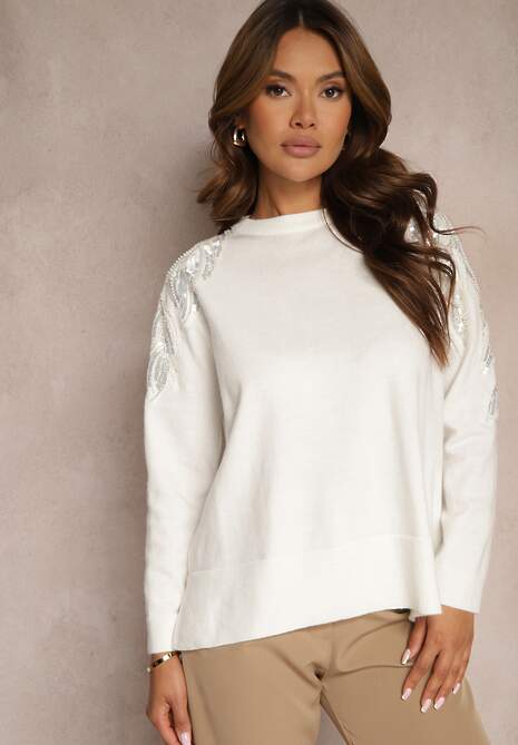 Biały Sweter z Wiskozą i Modalem Ozdobiony Cekinami i Perłami Iveara