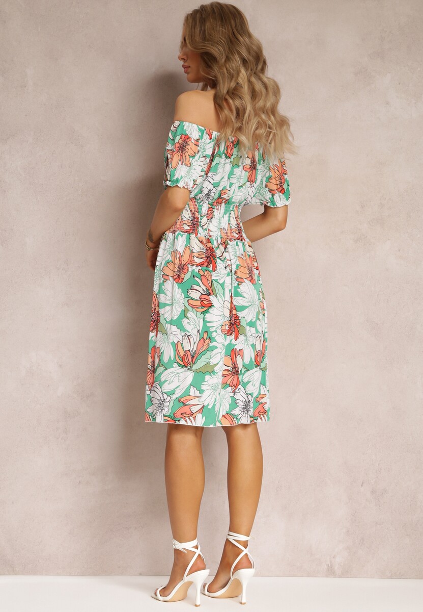 Zielona Sukienka Midi w Kwiaty z Hiszpańskim Dekoltem i Gumkami w Talii Clemitte