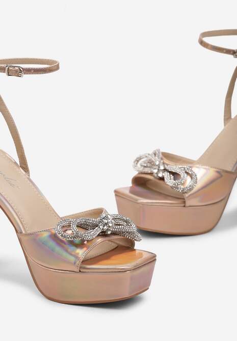 Szampańskie Sandały na Platformie i Szpilce z Kokardą z Cyrkoniami i Sprzączką Vlenikke