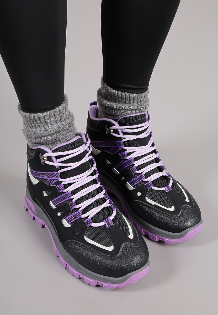 Czarno-Fioletowe Buty Trekkingowe Traperki Vices ze Sznurowaną Cholewką Afellie