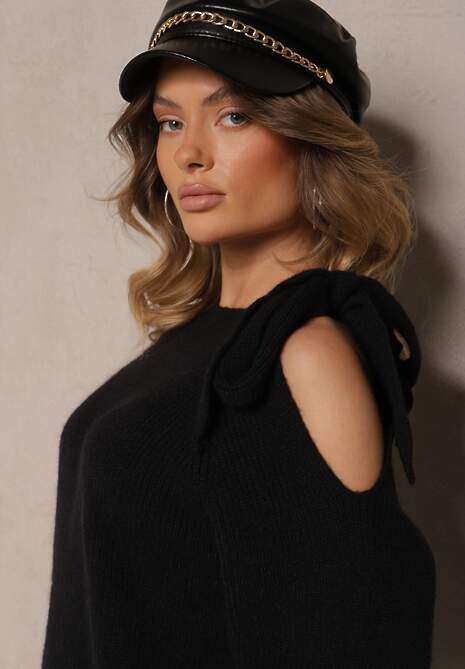 Czarny Sweter z Ozdobnym Wiązaniem i Wycięciem na Ramieniu Eledi