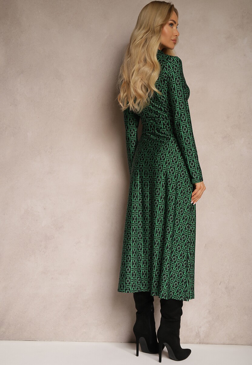 Zielona Sukienka o Koszulowym Fasonie z Wiązanym Paskiem i Abstrakcyjnym Wzorem Sairina