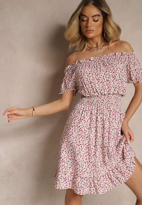 Biało-Czerwona Bawełniana Sukienka z Gumką w Talii o Fasonie Hiszpanki Jazmi