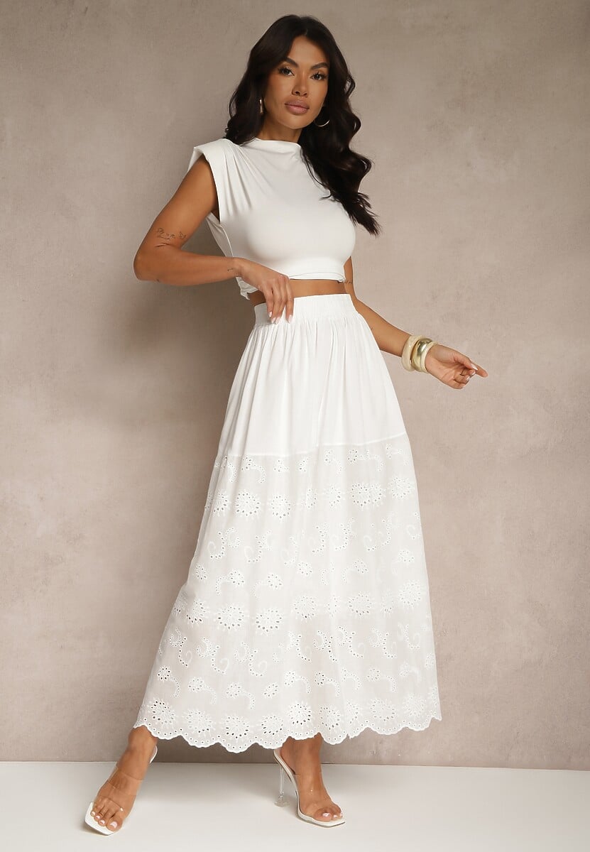 Biała Ażurowa Rozkloszowana Spódnica z Bawełny Kolittra